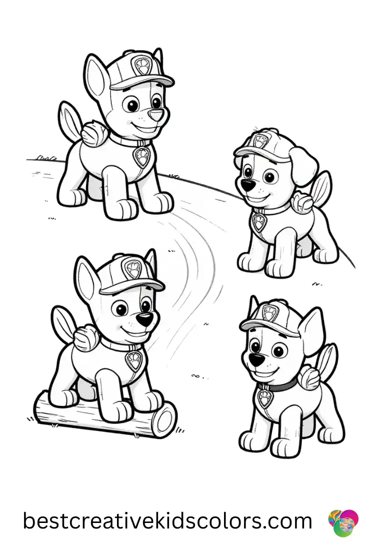 Pups arrange tiny logs beside a path in Paw patrol coloring pages free printable.