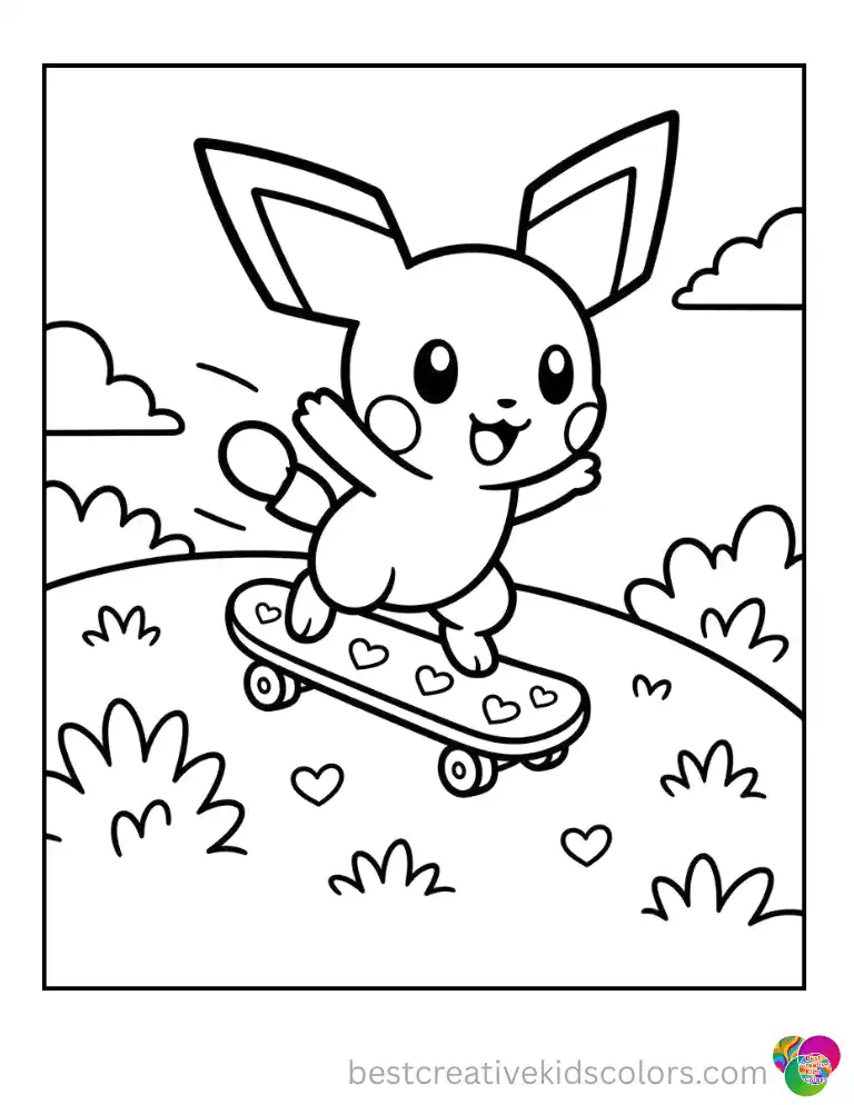 Pichu zooms down a gentle hill on a skateboard decorated with little red hearts.
