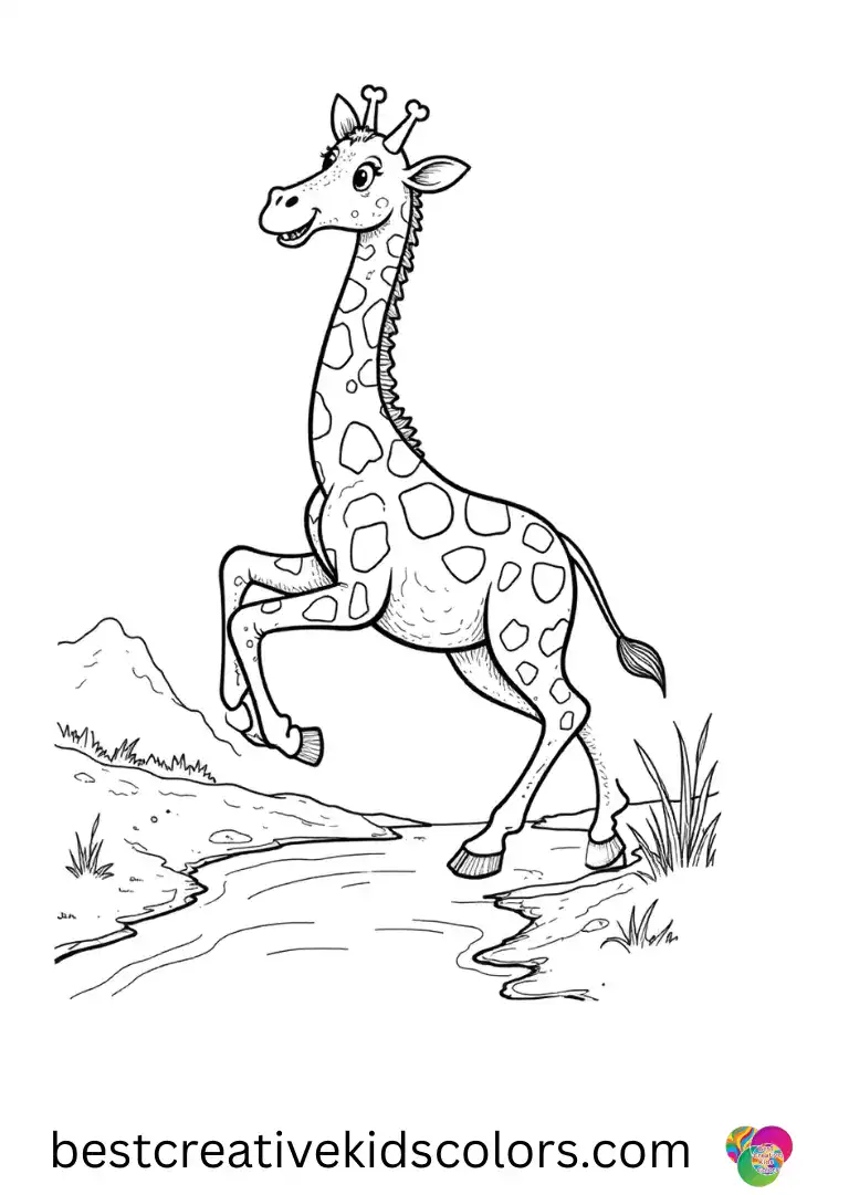 Picture of a Giraffe To Color shows a giraffe leaping lightly over a small stream.