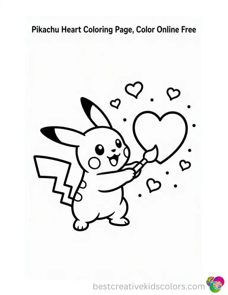 Pikachu paints a heart onto a blank wall, little love sparks floating around it, colors ready to fill in online.