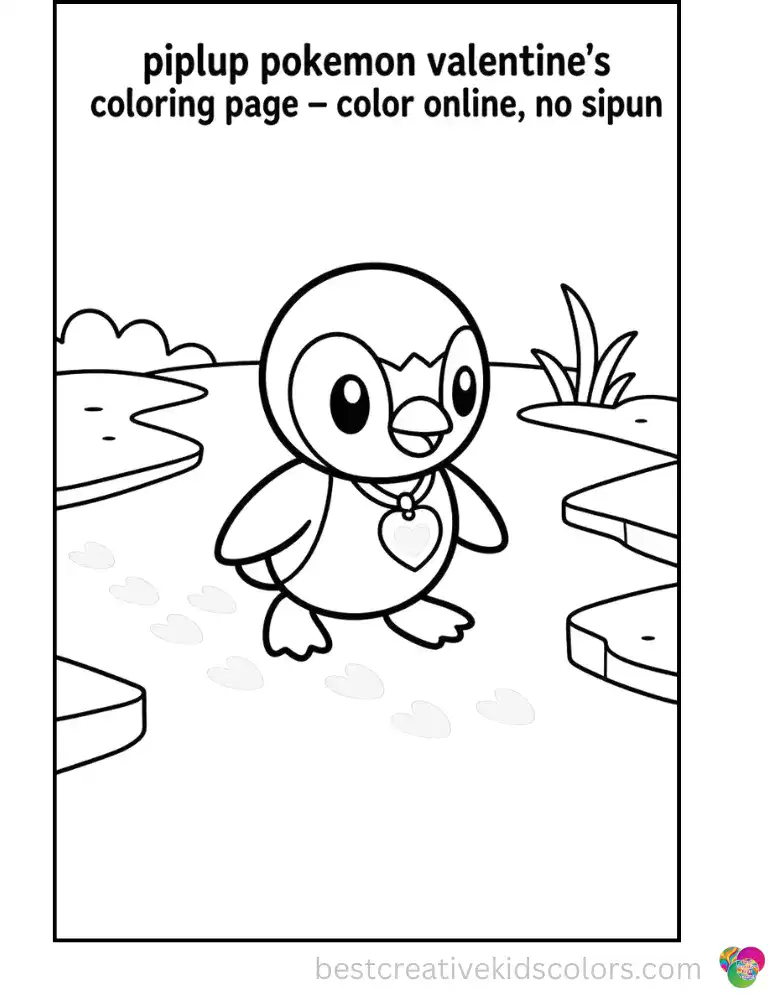 Piplup waddles carefully across a frozen pond, leaving a trail of small pink footprints.