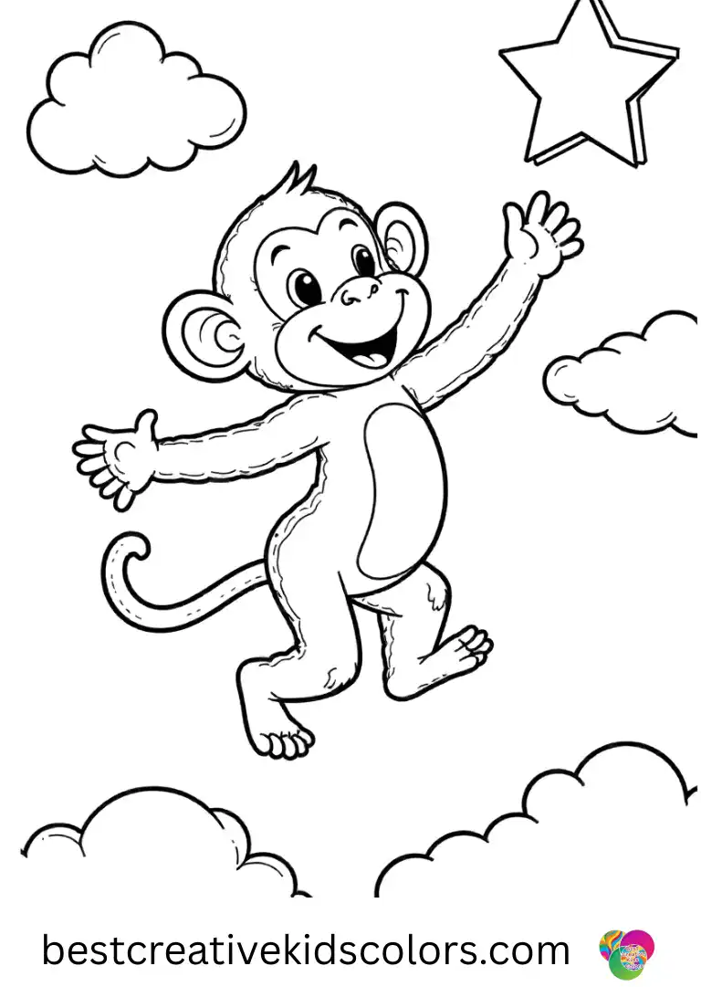 Playful monkey reaching for the stars coloring page easy shows a monkey hopping between fluffy clouds