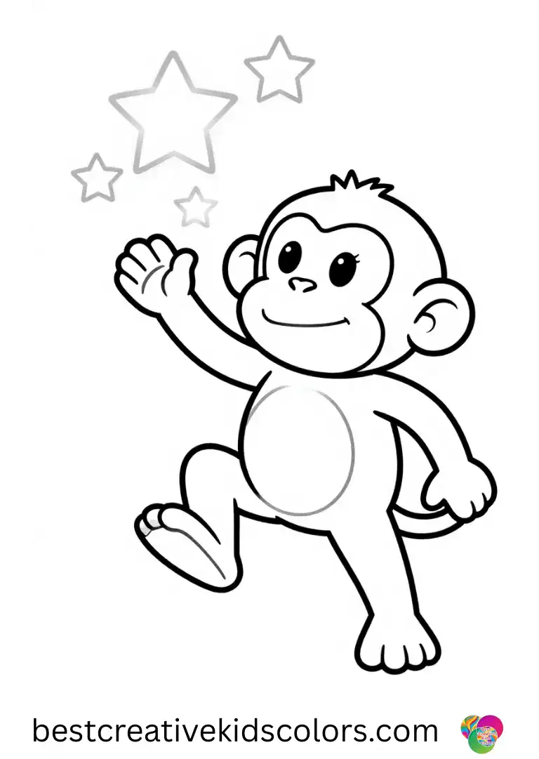 Playful monkey reaching for the stars coloring pages easy shows a monkey juggling glowing stars midair
