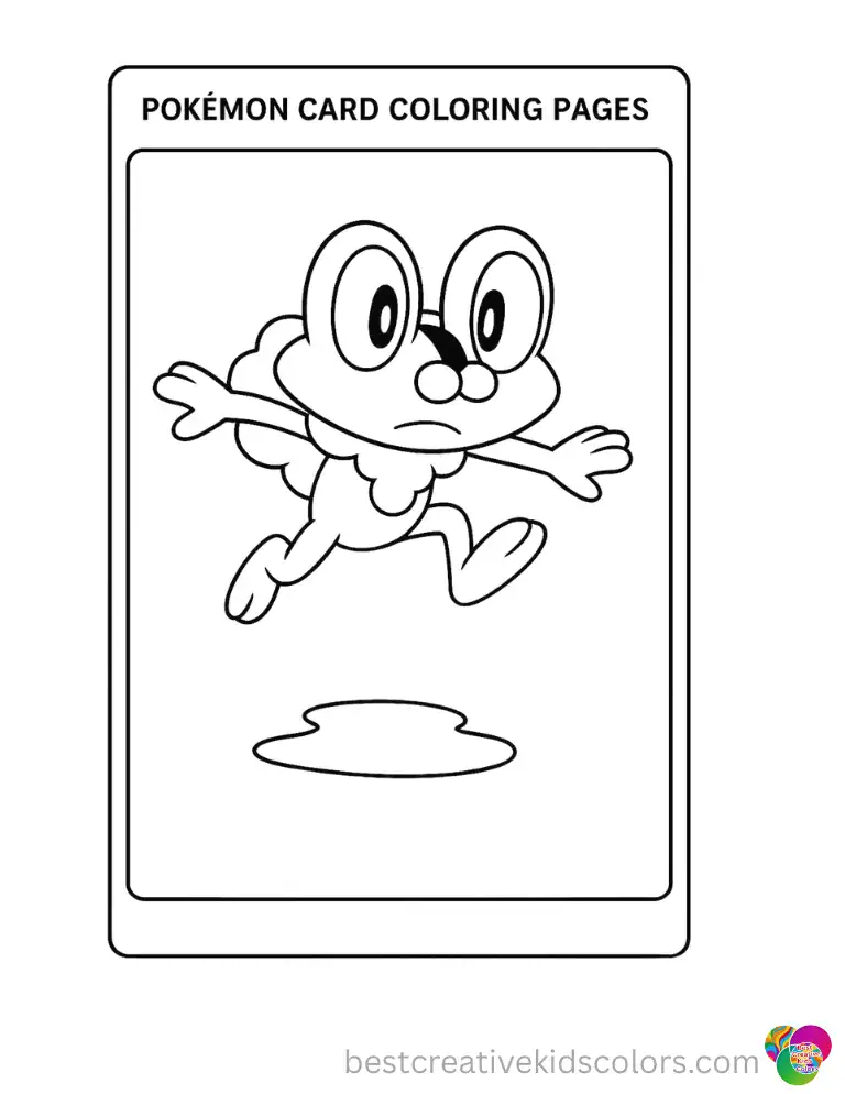 Pokemon card coloring pages displays a Pokemon jumping over a tiny puddle carefully.