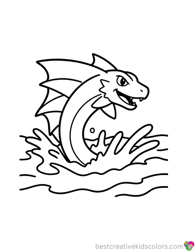 Pokemon coloring page free printable reveals a fierce Gyarados leaping out of a stormy sea.