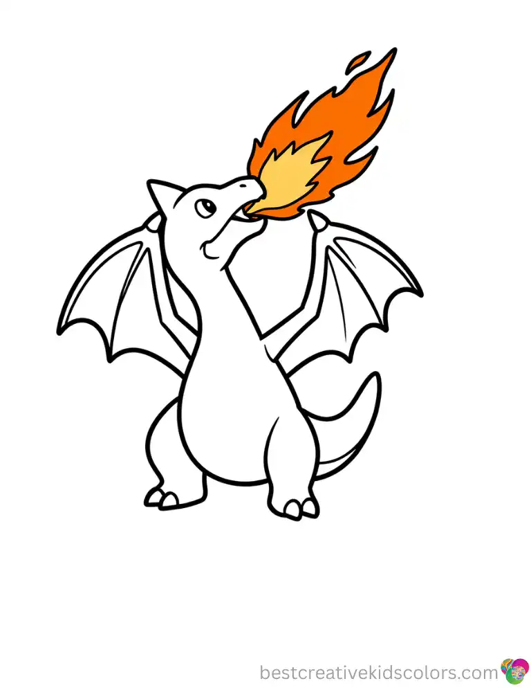 Pokémon coloring pages printable reveals a brave Charizard breathing hot orange fire into the sky.