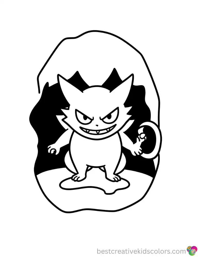 A tough Gengar hides inside the dark shadows of a spooky room in Pokemon colouring pages free.