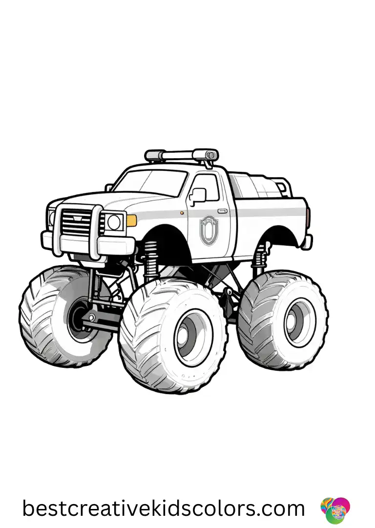 A police truck rolls slowly on a city street. Bold lines make it easy for beginners to color.
