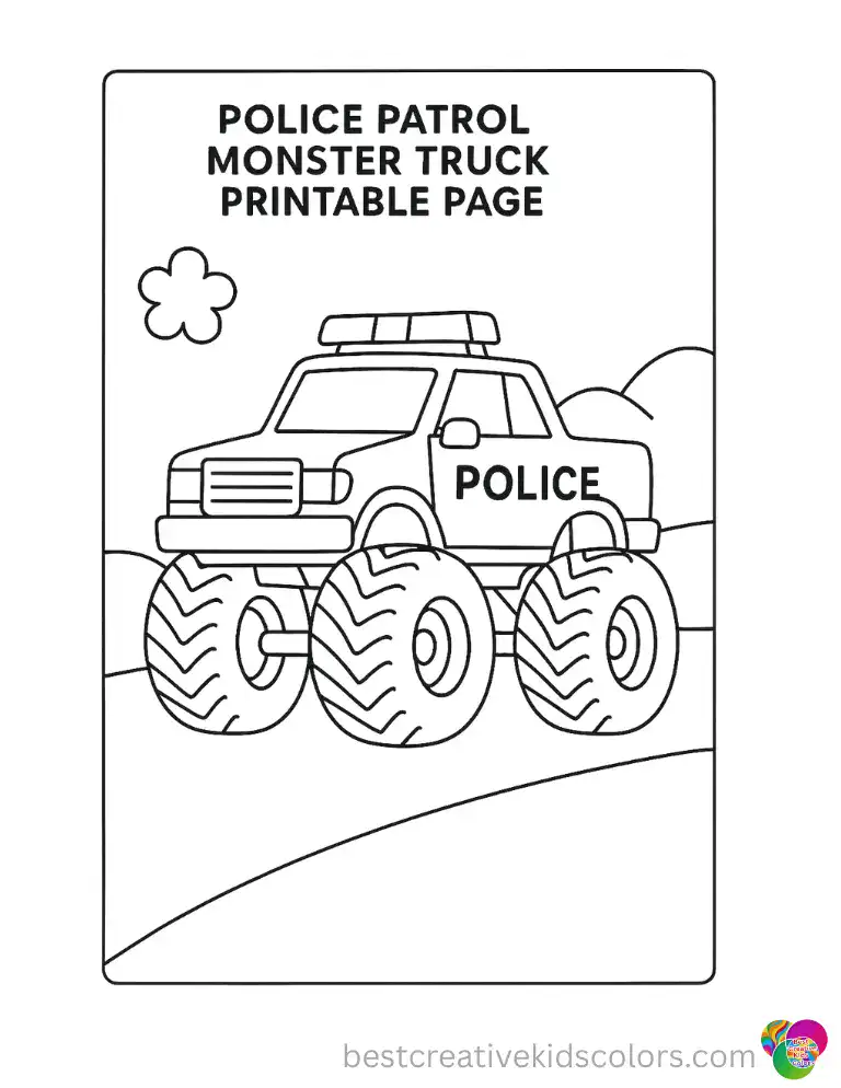 A calm police truck glides along a quiet road. Large shapes make coloring stress-free.