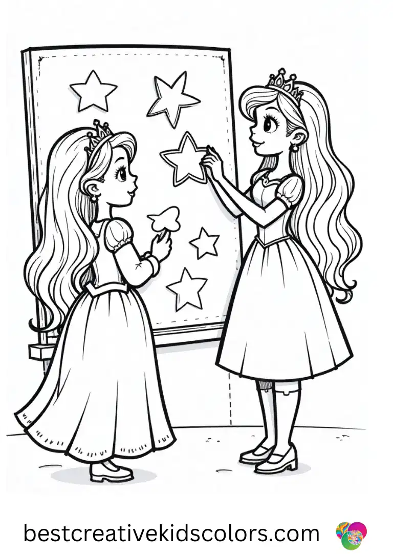 Princess colouring page for kids shows princesses arranging felt shapes on a felt board.