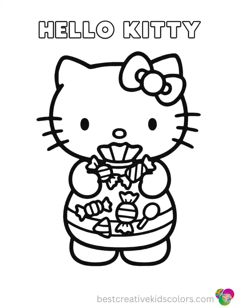 Too heavy to carry but Hello Kitty refuses all help with her striped candy bag haul. Download the free PDF and color every wrapped treat.