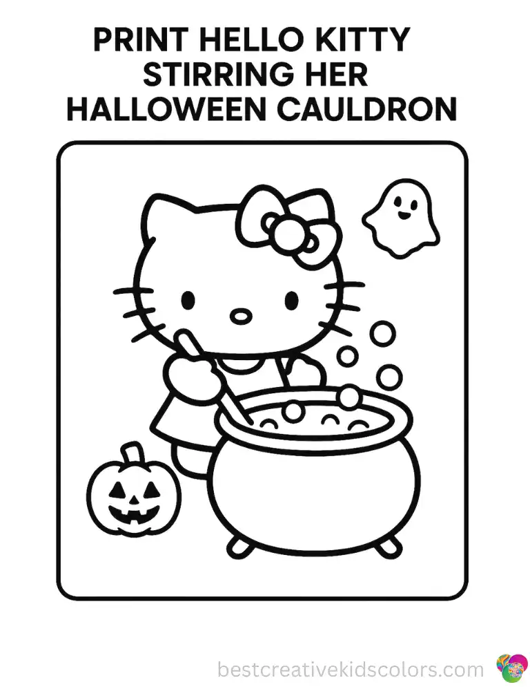 Hello Kitty grips the wooden spoon with complete belief something wonderful is bubbling in that cauldron. Download the free PDF and color every spooky bubble.