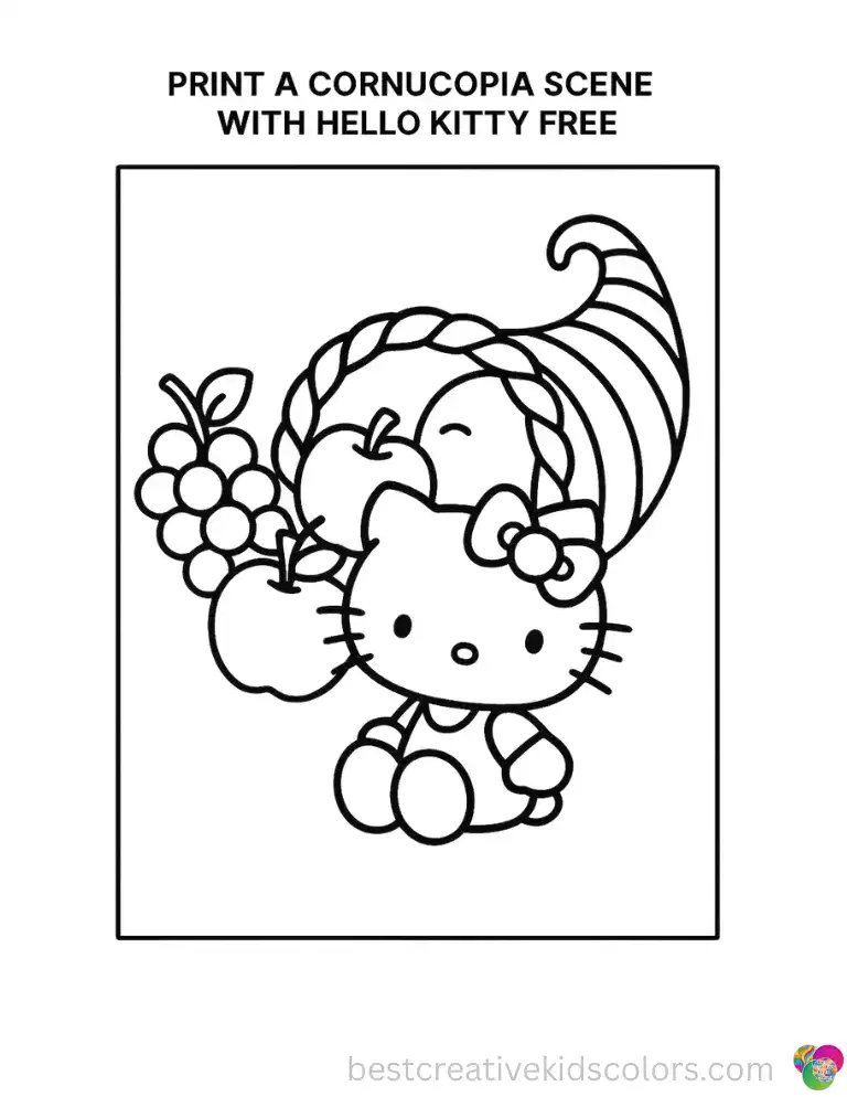 Grapes and apples spill from a woven basket Hello Kitty tilts forward. Color this harvest moment with our online tool.