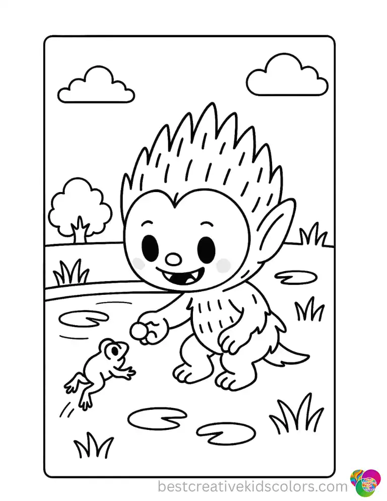 Beside a calm pond, Labubu feeds a tiny hopping brown frog.