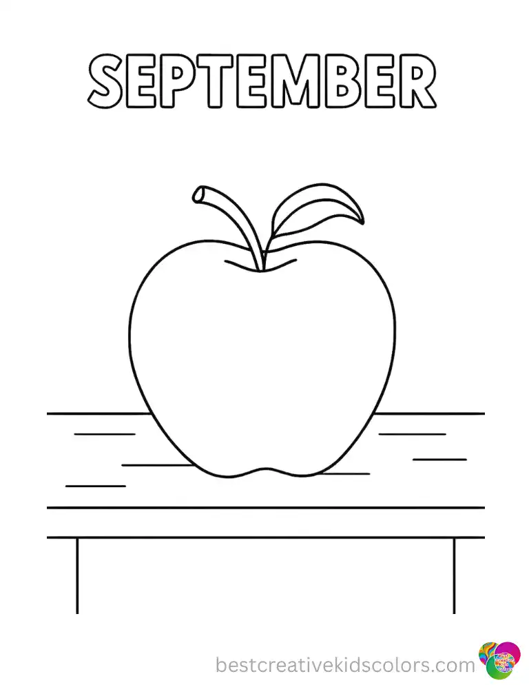 A crisp green apple sits on a wooden desk, its stem curling to one side on this coloring page.