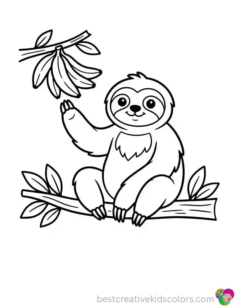 Here a curious sloth reaches for ripe bananas hanging just above its paw. Print the picture at home or color it here using Color Online.