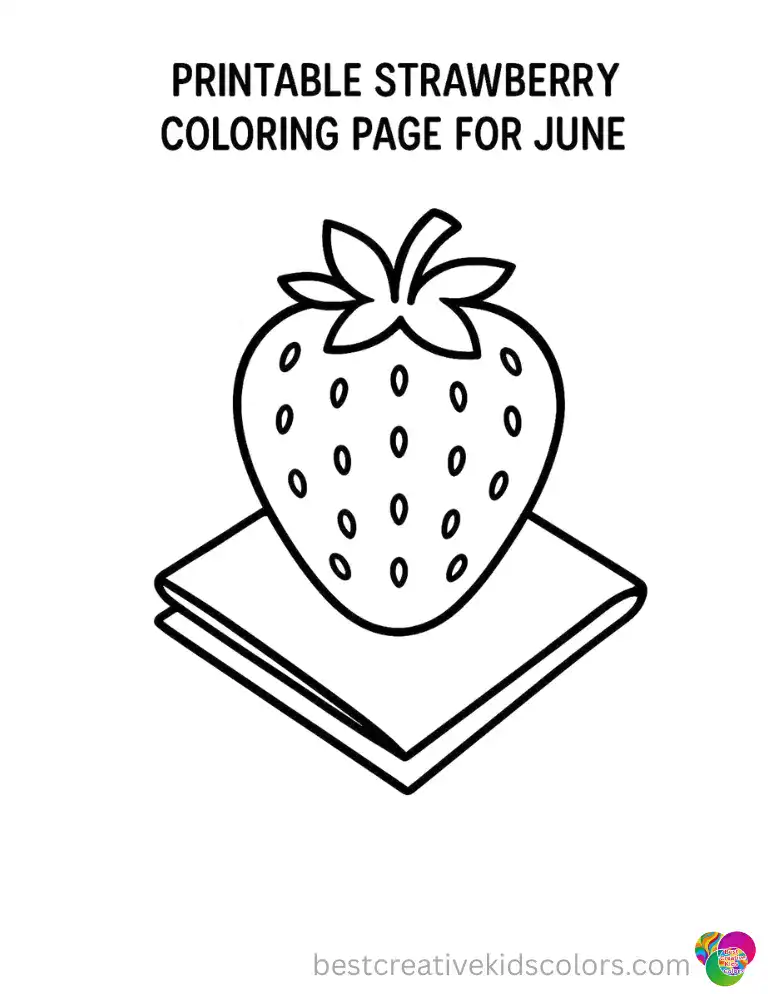 A single strawberry sits on a folded napkin in this coloring page, its tiny seeds dotting the bright red surface.