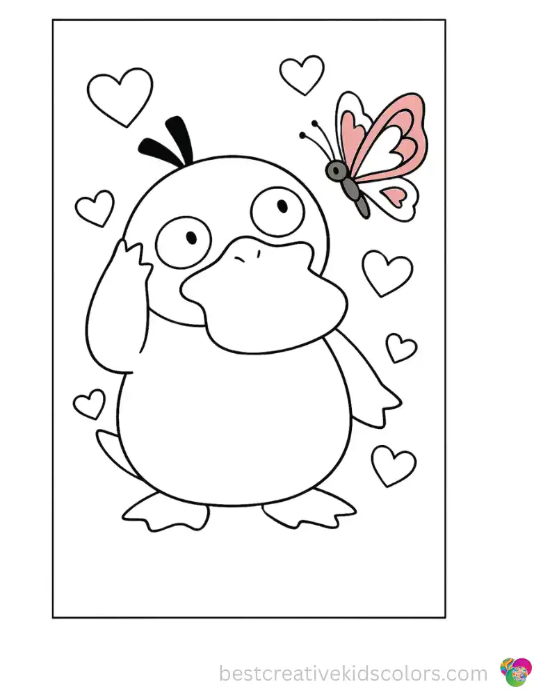 Psyduck tilts its head, puzzled, as a butterfly with delicate pink and red wings flutters past.