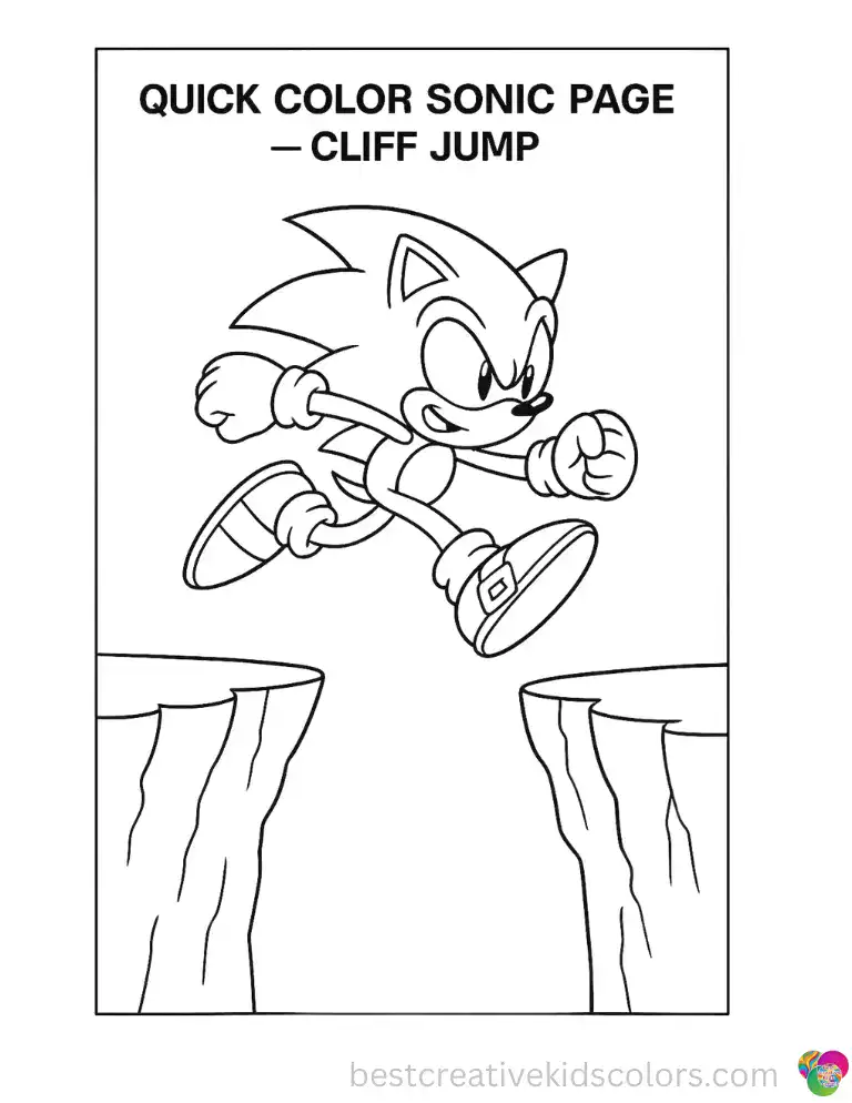 Sonic leaps across a gap between two cliffs at full speed.