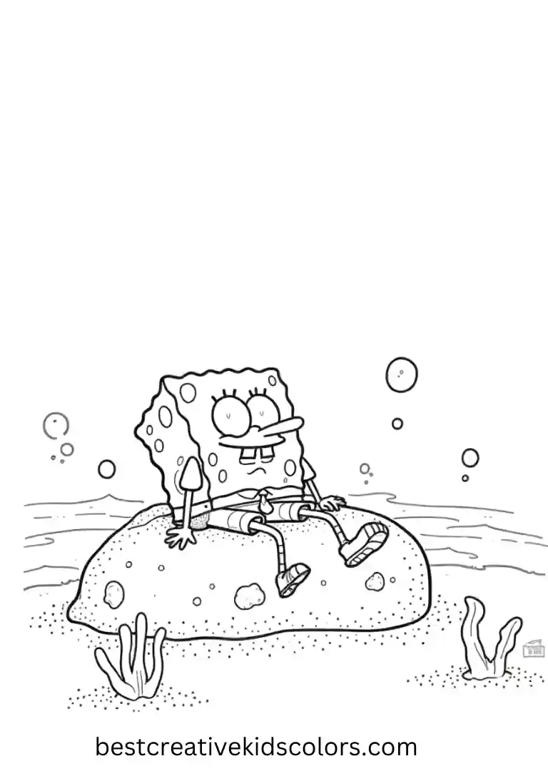 SpongeBob relaxes on a rock under the sea, calm and easy for beginners to color.