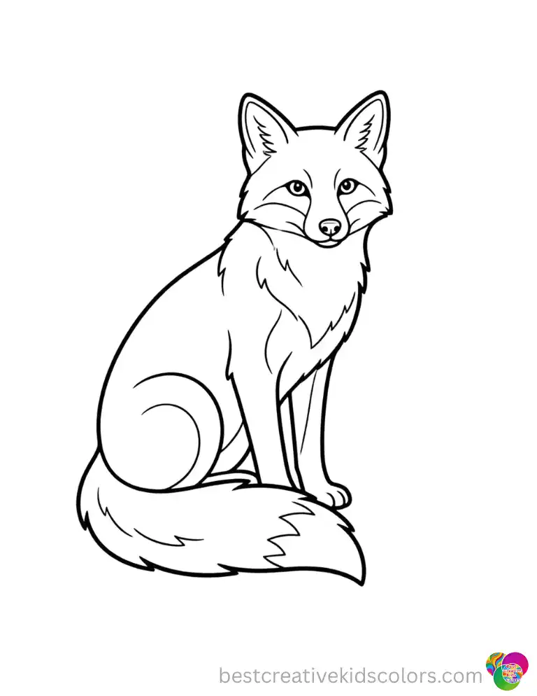 A realistically outlined fox sitting quietly in the center of a wide blank space.