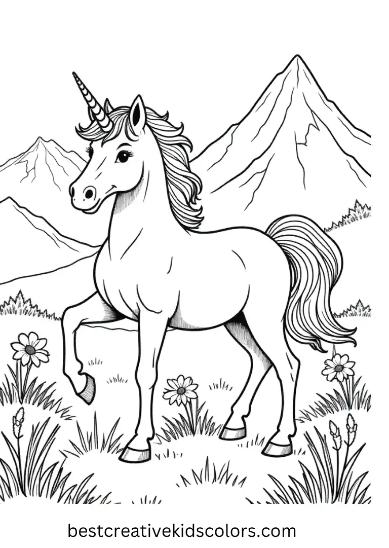 A unicorn explores the mountain meadow — clean, elegant outlines make this coloring page ideal for teens and adults.