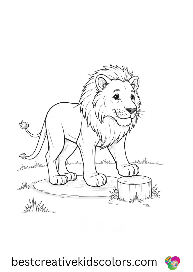 Realistic lion Coloring Pages illustrate a lion tracing a circular path around a lone stone marker.