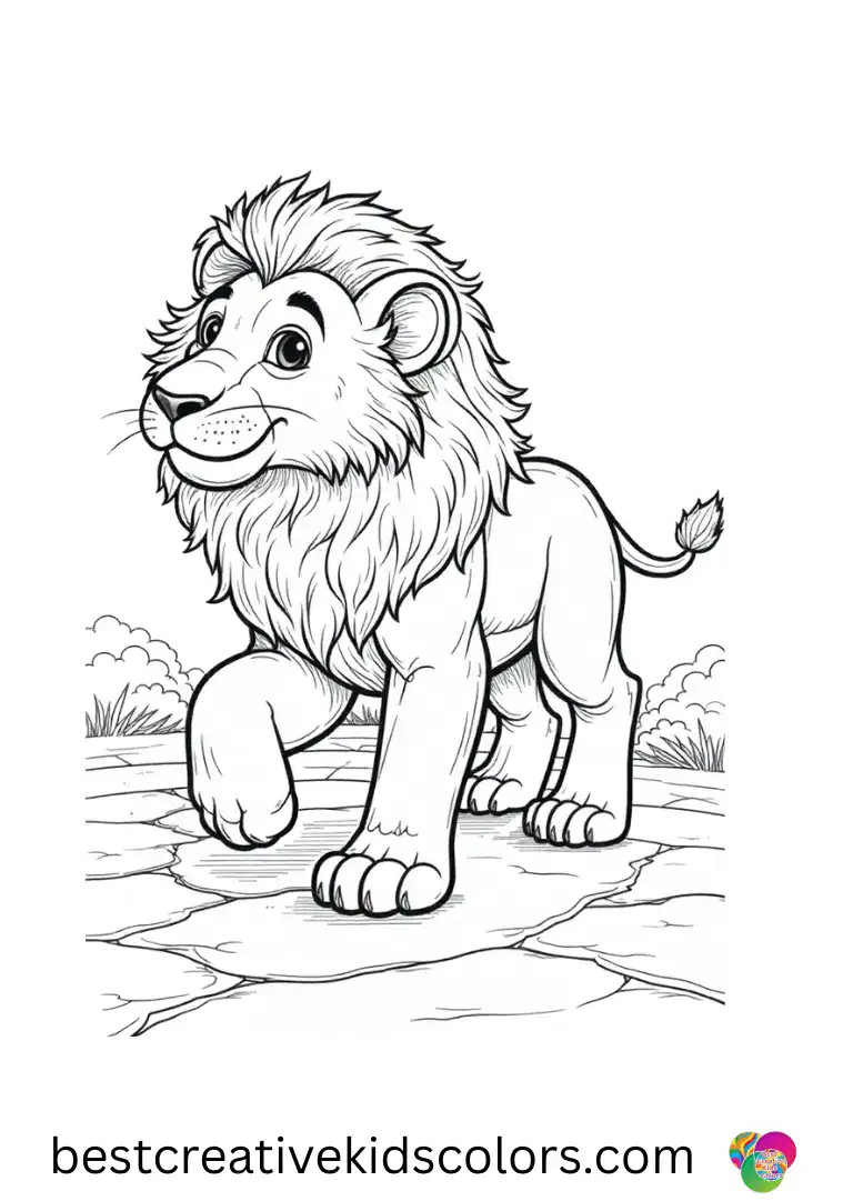 Realistic lion in the wild coloring page easy presents a lion stepping over cracked earth lines in open terrain.