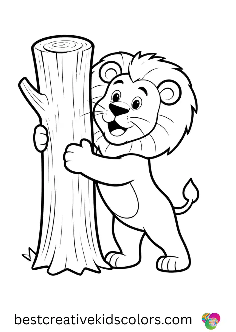 A detailed scene shows a lion scraping bark from a tree trunk in Realistic lion in the wild coloring page for adults.