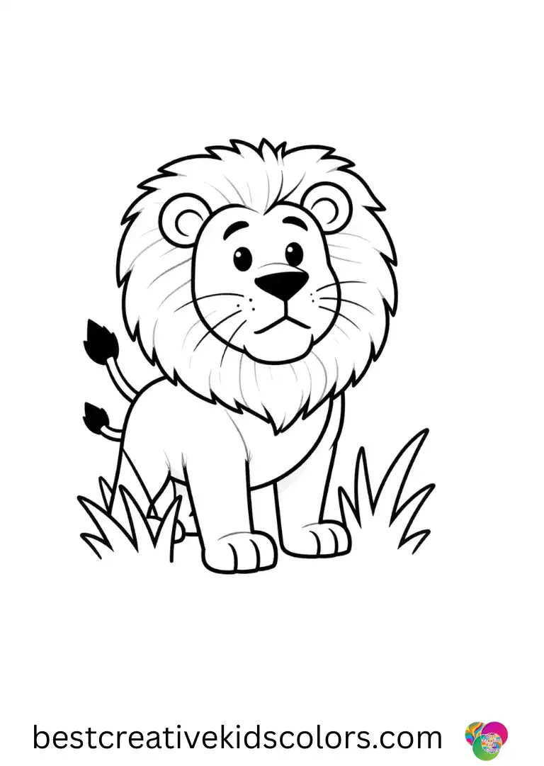 Realistic lion in the wild coloring page pdf free download shows a lion pushing tall grass apart with its chest.