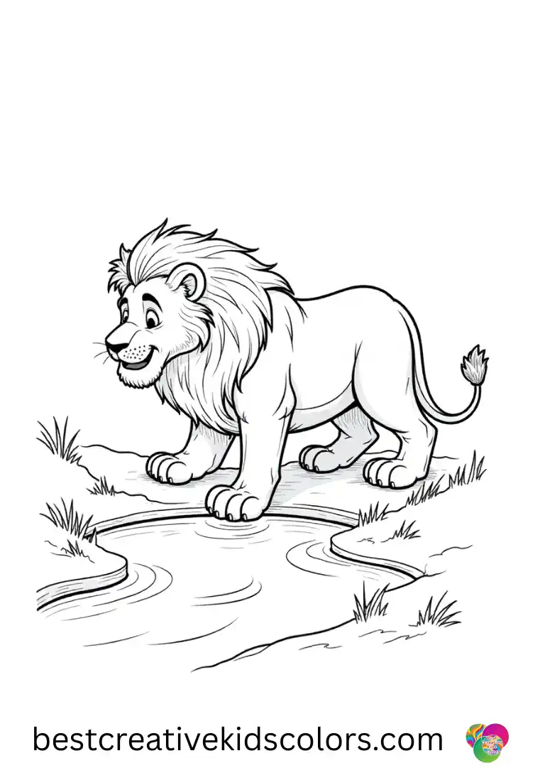 A lone lion arches its back and presses claws into soft sand in Realistic lion in the wild coloring page pdf free.