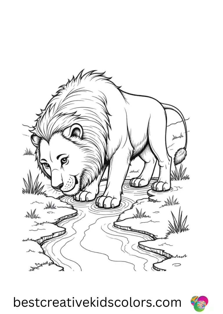 Realistic lion in the wild coloring page pdf shows a lion lowering its muzzle to lap water from a narrow stream.