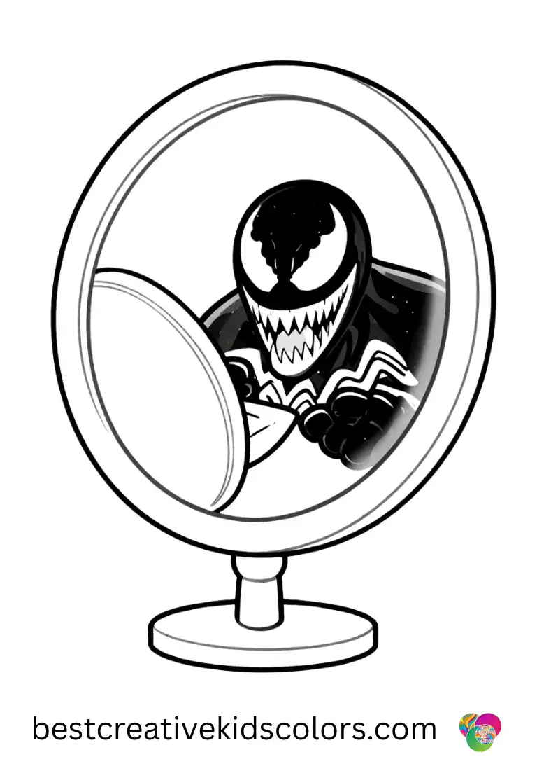 Realistic venom coloring page free download shows Venom polishing a round mirror on a wide, blank floor.