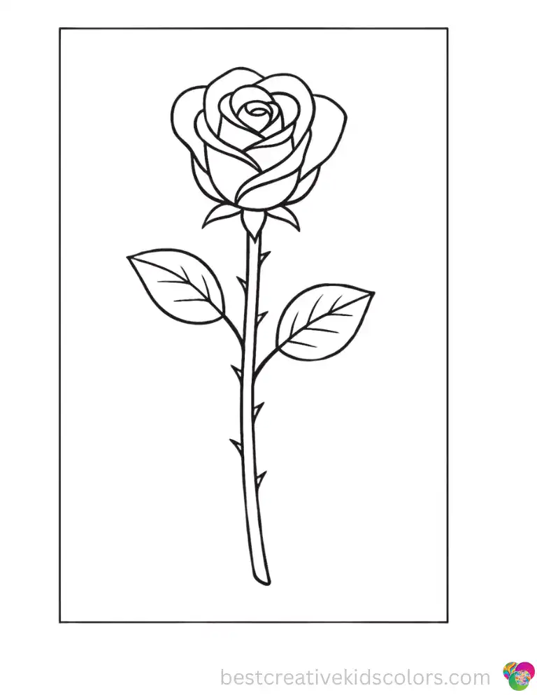 Roses Color Pages with Thorny Stem Free to Print depicts a long thorny stem with two side leaves and a full bloom at the top.