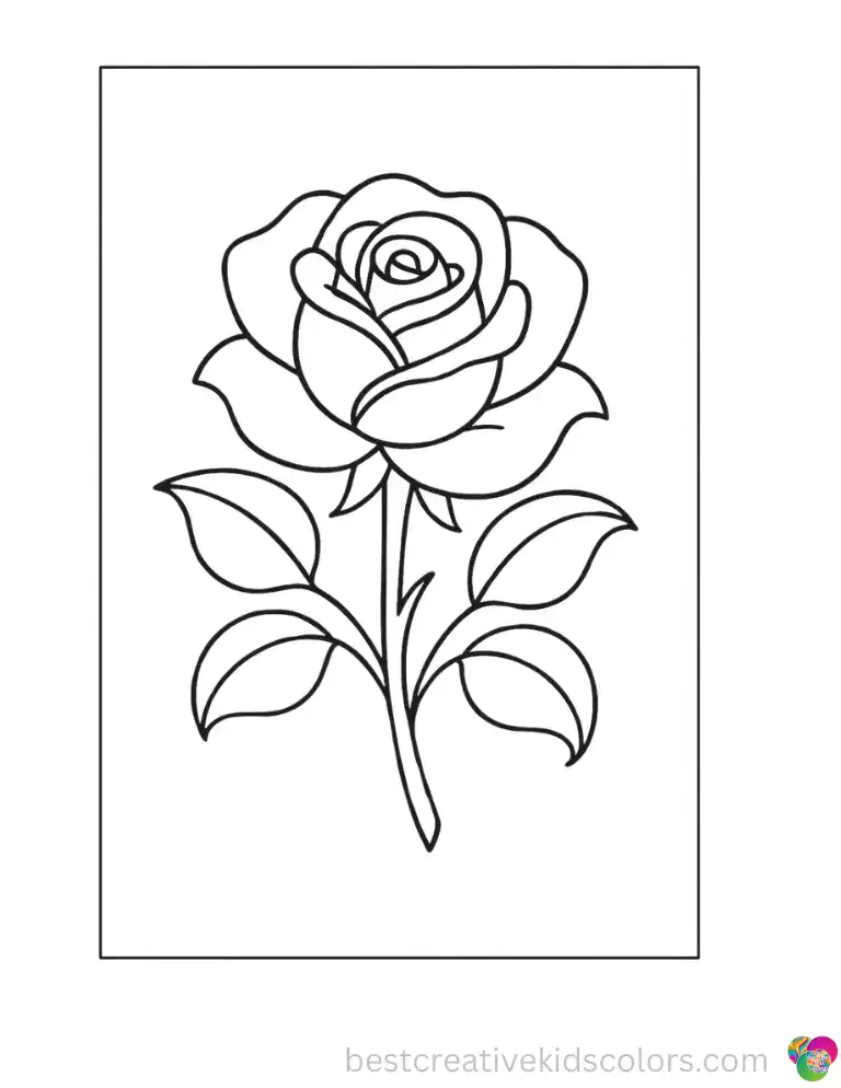 Roses Coloring Sheets with Curling Leaves to Print features a large bloom with wide leaves that curl gently at the edges.