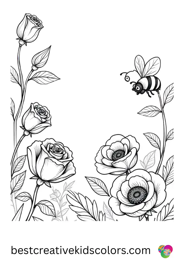 Roses in mixed borders shows a bee backing away from pollen.