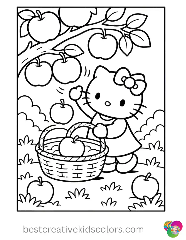 Apple-picking cat stands beside a full basket beneath a fruiting tree, fall coloring page