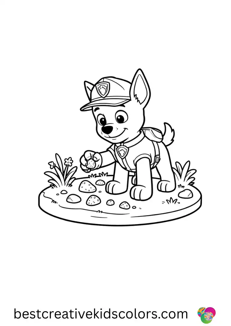 Rubble Paw Patrol coloring page depicts him examining tiny colorful rocks in a mini garden.