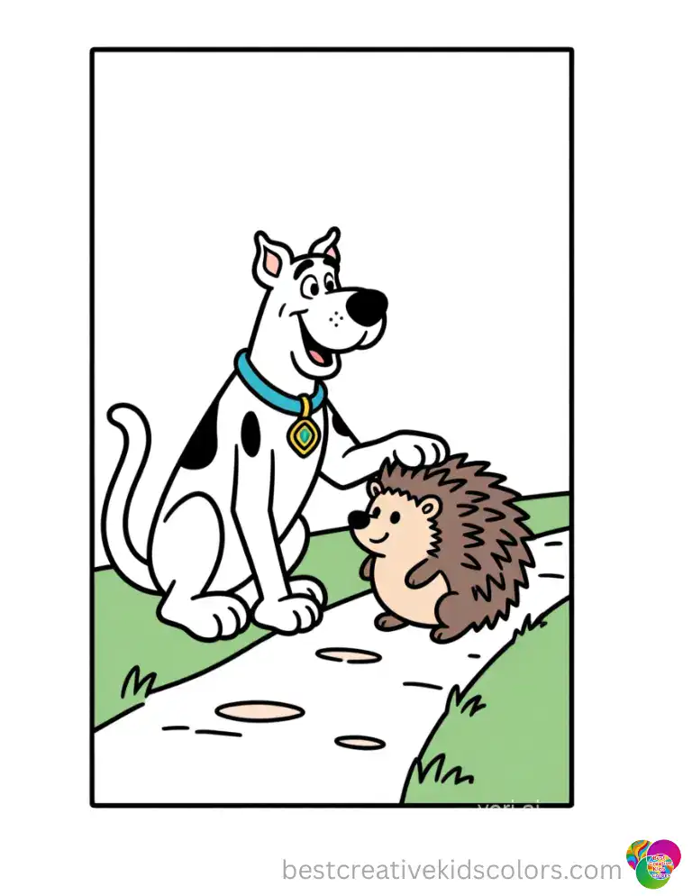 Scooby pats a friendly hedgehog in Scooby doo color sheet animals beside a quiet path.