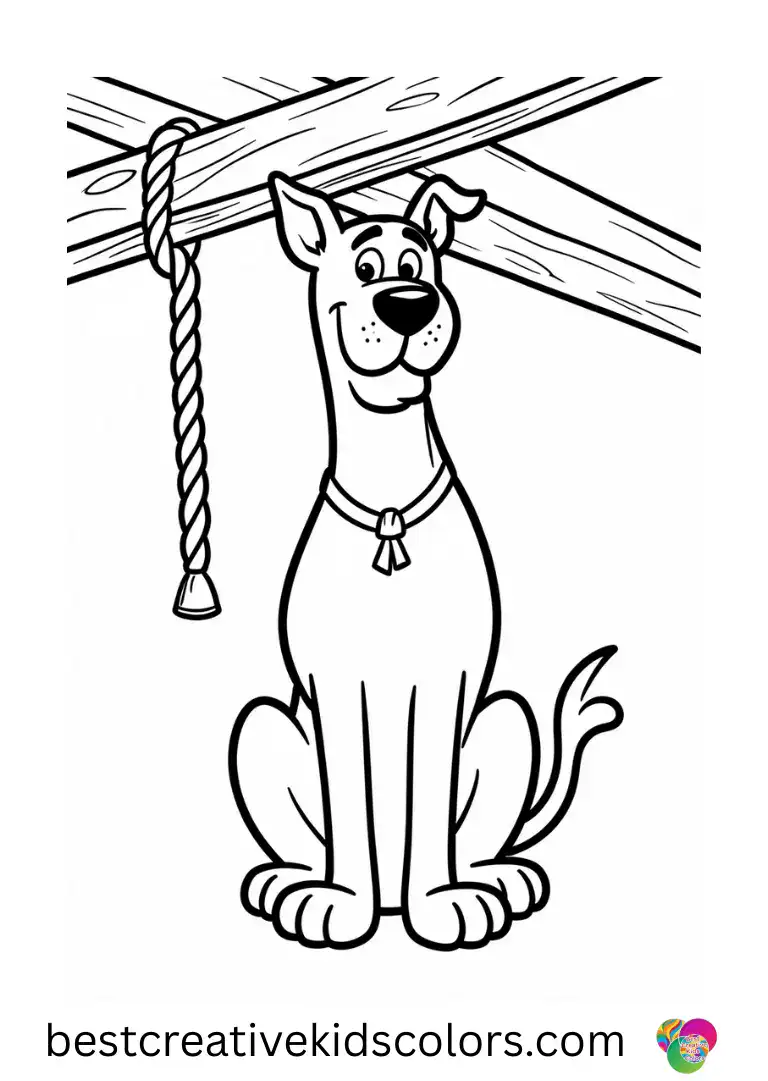 Scooby doo color sheet easy features Scooby tapping a bell rope once near a wooden beam.