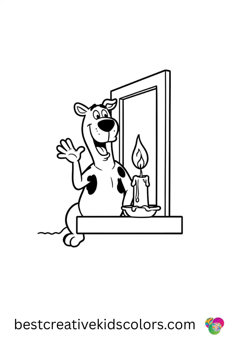 A candle flickers as Scooby waves slowly in Scooby doo color sheet free by a low window.