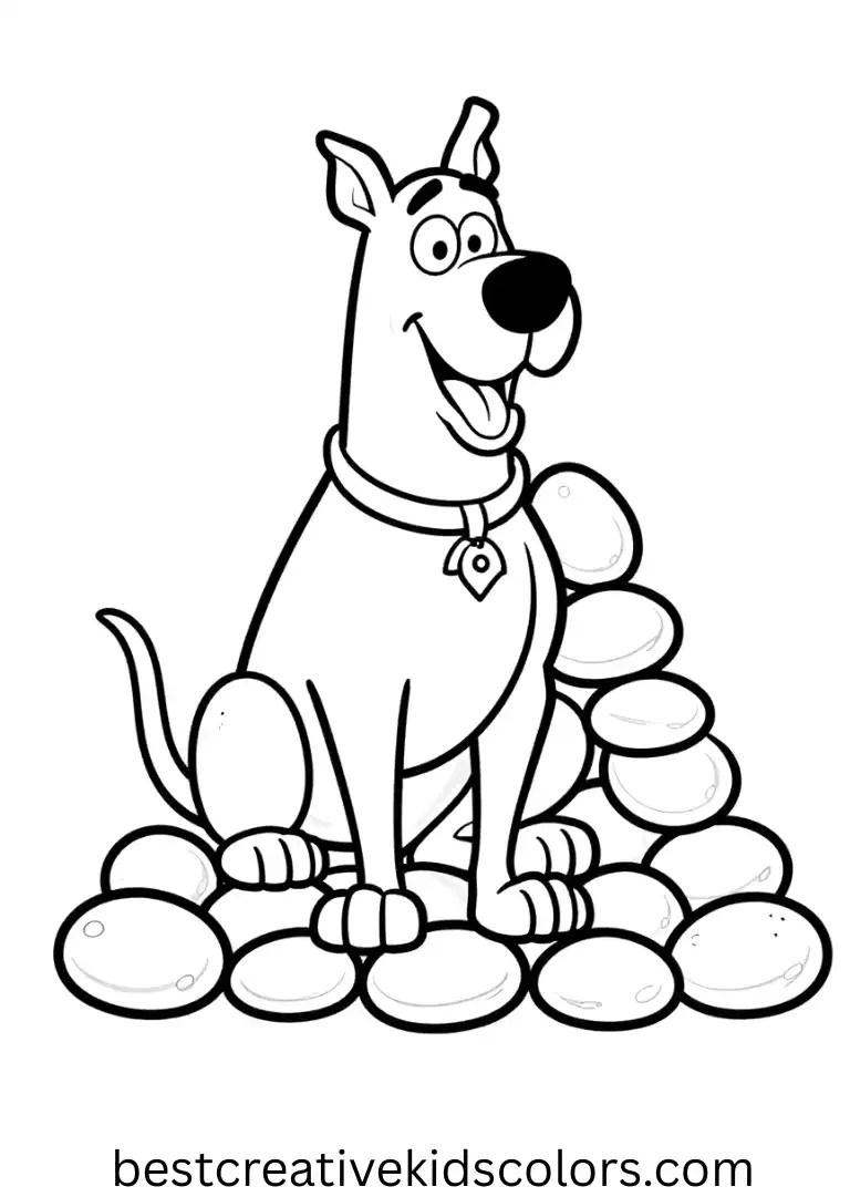 Scooby arranges tiny stones into a triangle shape in Scooby doo coloring page free printable.