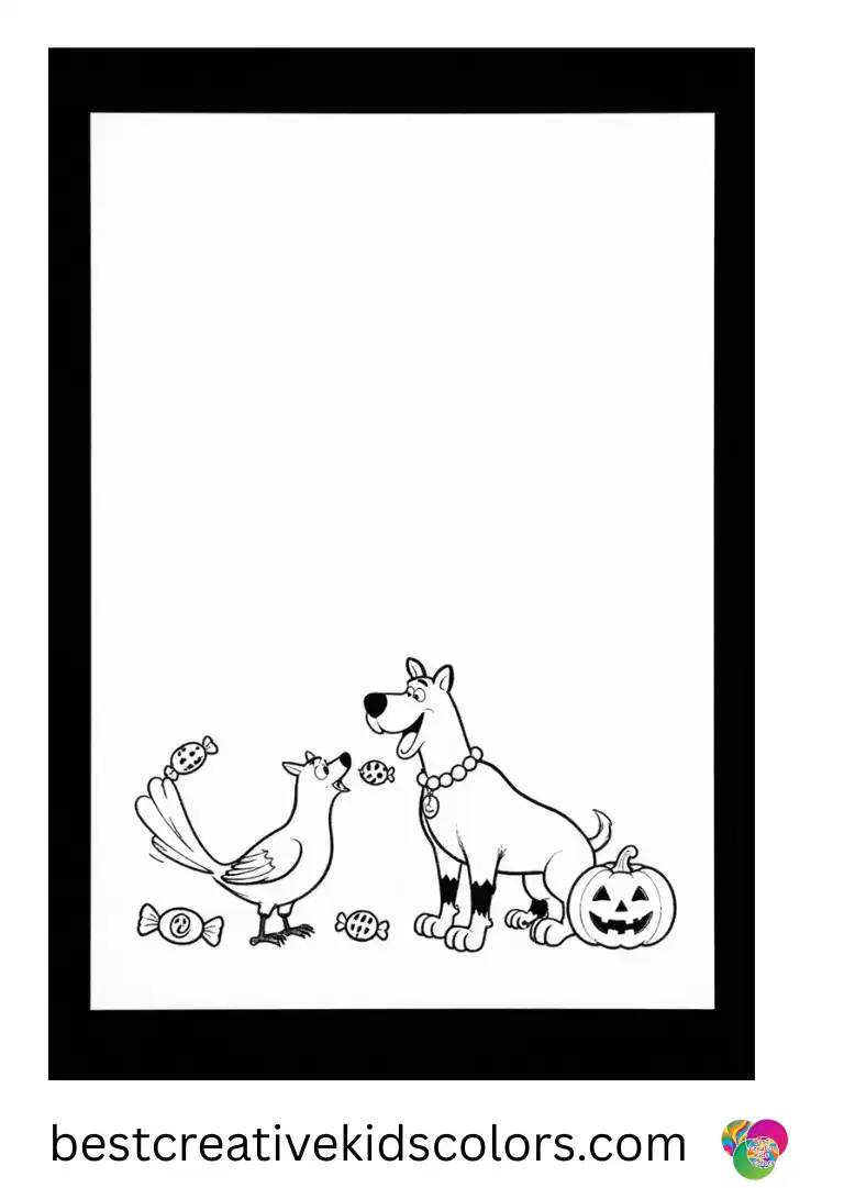 Scooby doo coloring page halloween animals features Scooby sharing crumbs with a small sparrow.