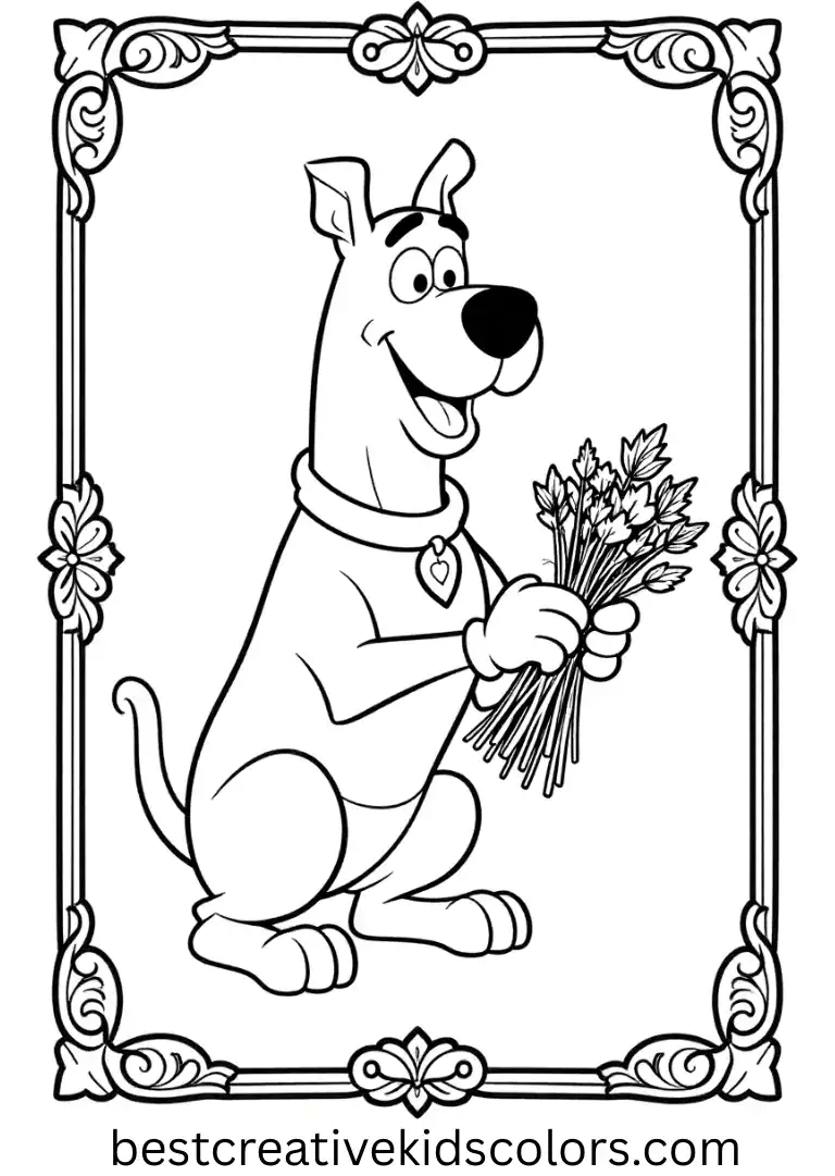 Intricate border lines frame Scooby arranging dried herbs in Scooby doo halloween coloring sheets for adults.