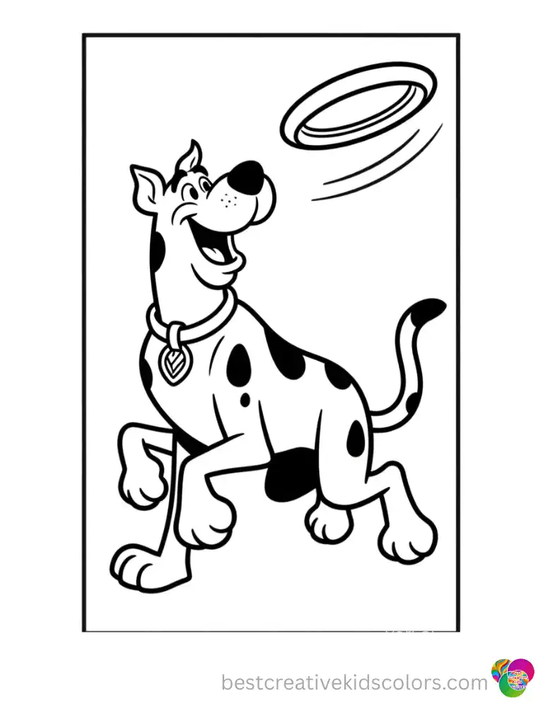 A happy Scooby catches a flying frisbee in Scooby doo mystery incorporated coloring pages free.