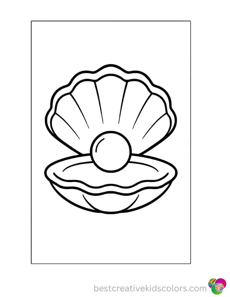 An open oyster in Seashell coloring pages PDF reveals a perfectly round pearl inside.