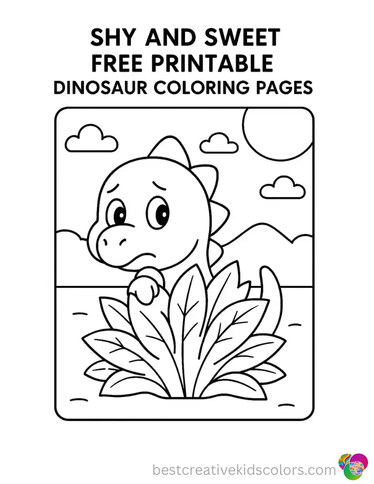 A nervous little dinosaur peeks out from behind a leafy bush.