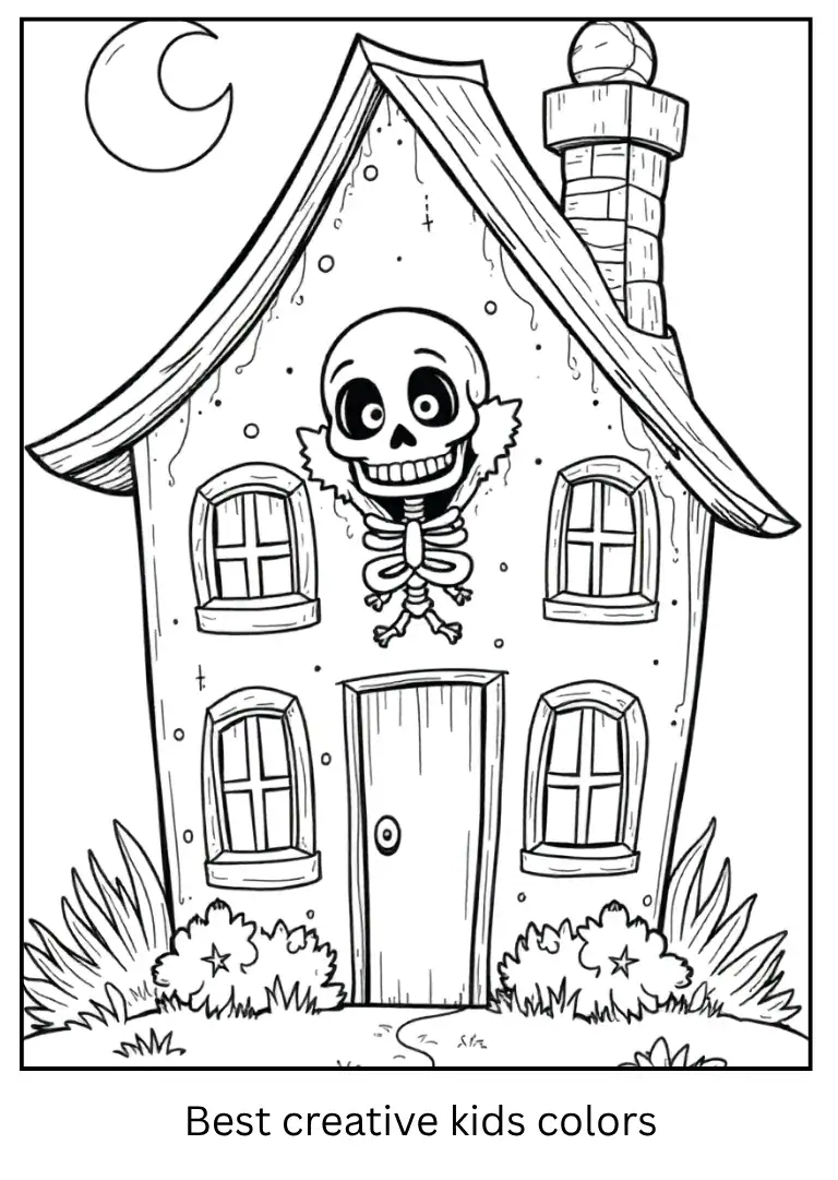 Skeleton in a Haunted House Coloring Page