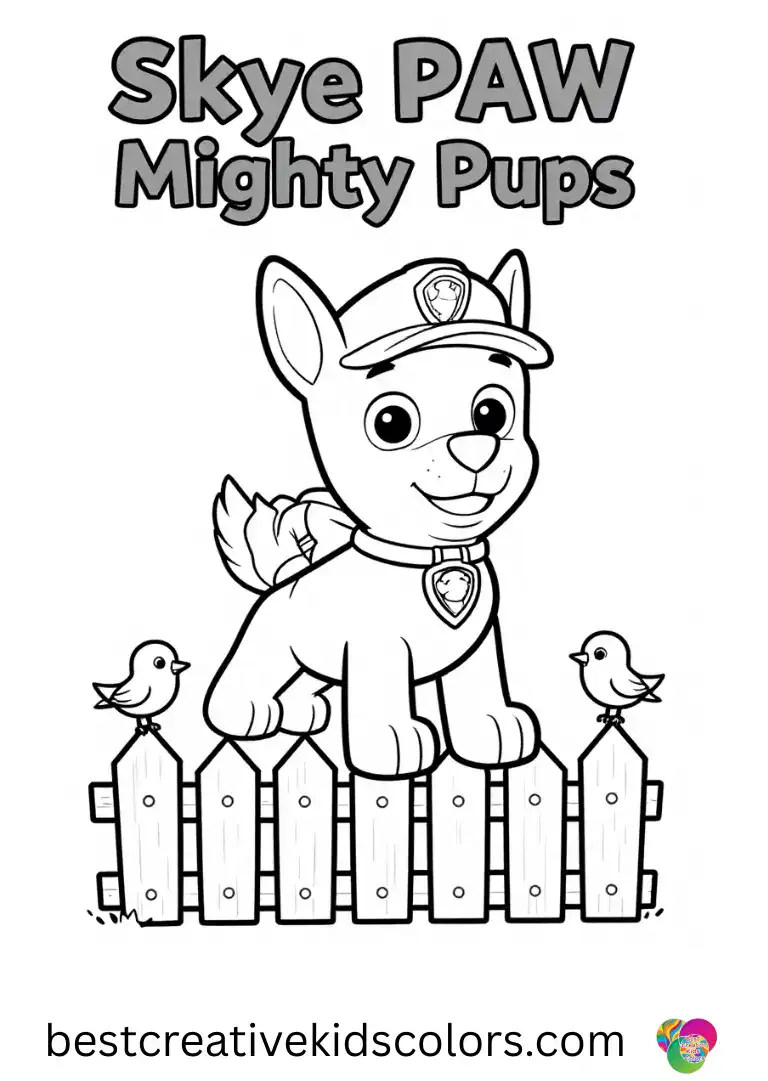 Skye hovers over a small wooden fence as birds chirp nearby in Skye PAW Patrol Mighty Pups.