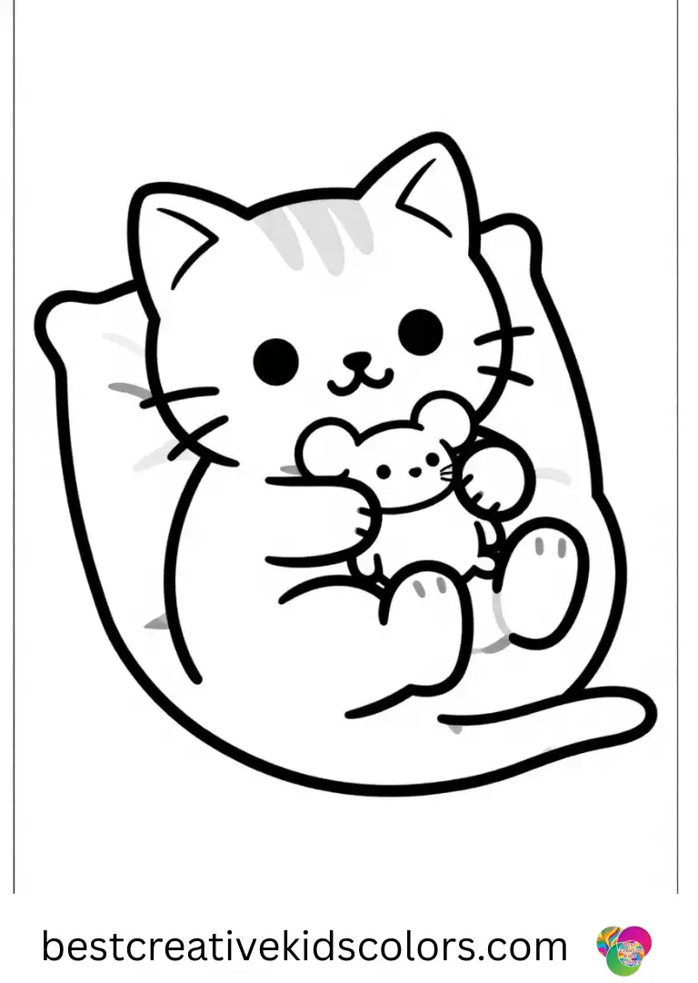 On a fluffy pillow, a kitten curls around a tiny plush mouse in Sleeping kitten on a fluffy pillow coloring pages free.
